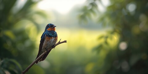 Barn swallow resting on dry branch highlighting bird's nesting environment, natural setting