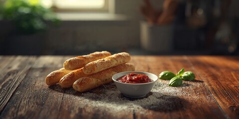 Crusty bread sticks accompanied by tomato sauce, suitable for appetizer or side dish setting