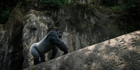 Fototapeta premium Gorilla navigating rocky terrain on all fours, natural movement and adaptability