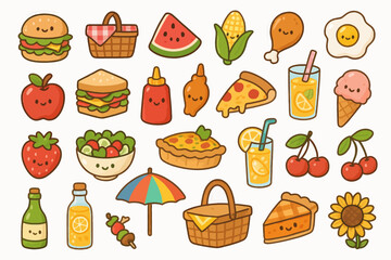 Fototapeta premium Cute cartoon picnic foods with smiling faces and fun summer elements