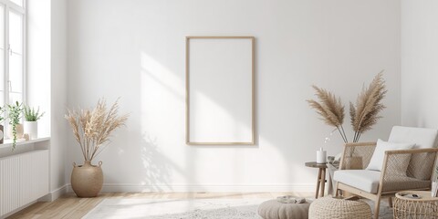 Interior of a mock poster frame in a living room used as a visual display background for design projects