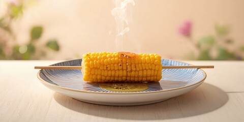 Close up of grilled corn skewer on a blue and white plate, food safety and proper cooking techniques, World Food Day
