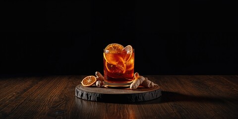 A glass of orange-infused tea with dried oranges and ginger, set against a dark backdrop for product showcase
