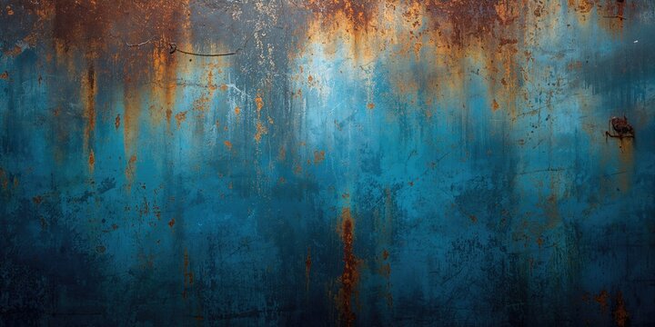 Detail of a weathered blue rusted metal surface with textured patina, highlighting corrosion effects for material preservation, Earth Day
