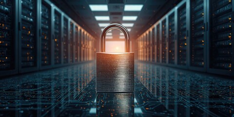 Data center featuring a locked server cabinet highlighting protection, cybersecurity awareness day