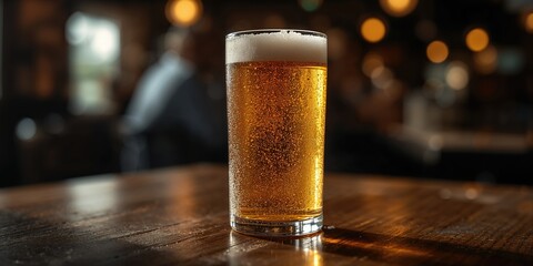 Cold beer in a glass placed on a wooden table with shadows, serving as a background for bar interior design, World Beer Day