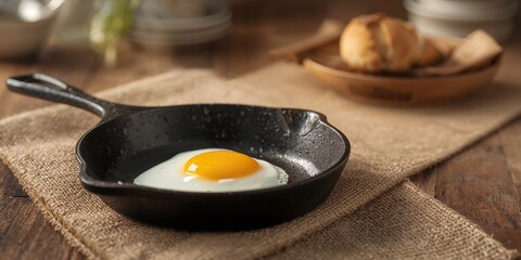 Fried egg cooking in a frying pan on a table, focusing on preparation techniques