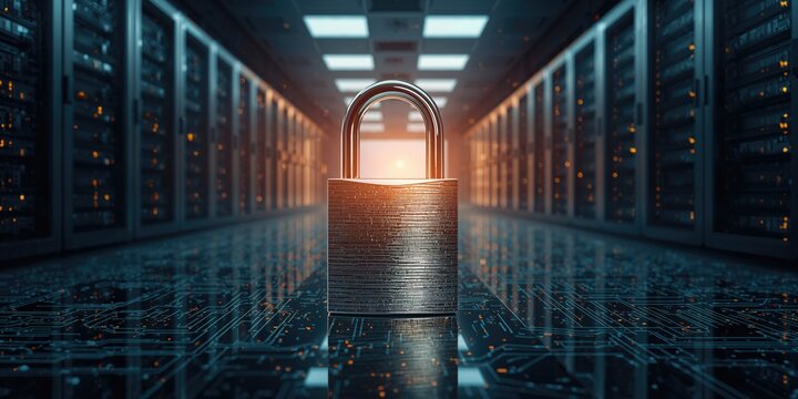 Data center featuring a locked server cabinet highlighting protection, cybersecurity awareness day - Powered by Adobe