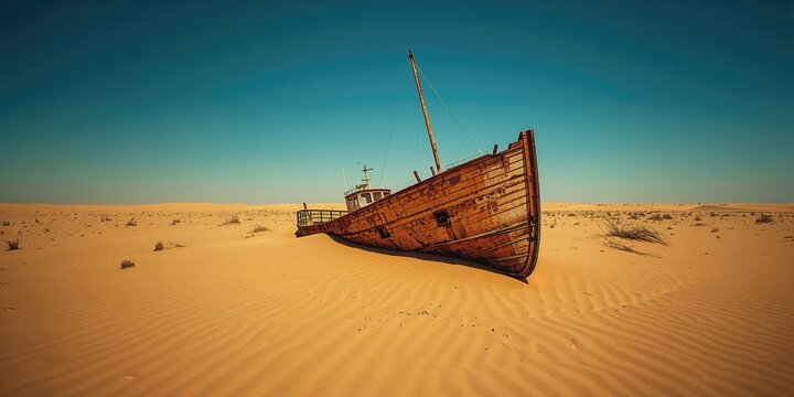 Desert scene with a boat resting on dry land, highlighting climate variability
