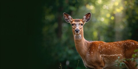 Fototapeta premium Female red deer in a forest setting natural habitat, autumn seasonal change