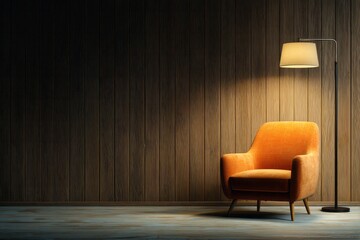 Illuminated armchair sits in a dimly lit room with wood paneling.