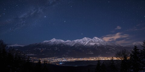Obraz premium Night sky with shimmering stars over snow-covered mountain ridges and illuminated urban landscape, seasonal change awareness