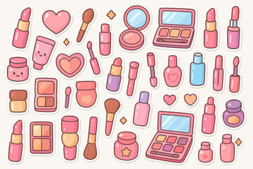 Cute makeup stickers collection of cosmetic illustrations in pink and pastel colors