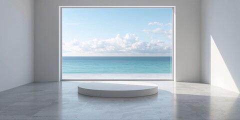 Concrete floor and round white podium in a sea view plaza with clear sky, suitable for public gatherings or events