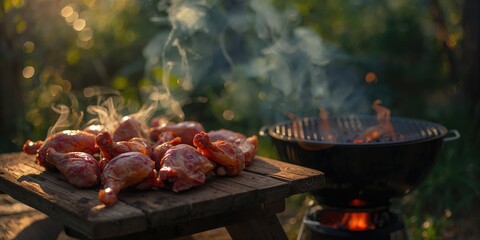 Grill time featuring a selection of raw meat pieces arranged outdoors for barbecuing