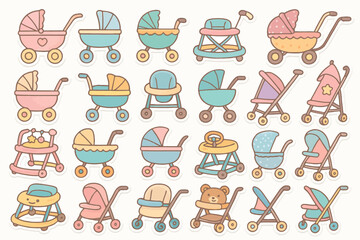 Colorful collection of baby strollers and walkers in pastel shades
