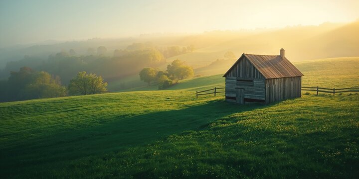 Blurred countryside landscape of a farmhouse at dawn with rolling hills, ideal for editorial header backgrounds - Powered by Adobe