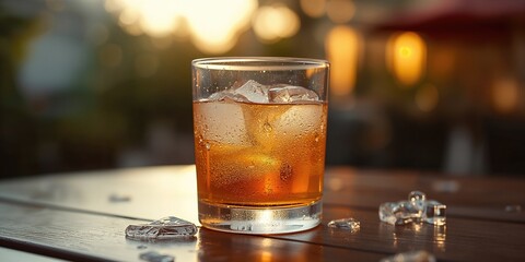 Chilled cider served with ice showing warm golden tones, perfect for beverage layout design