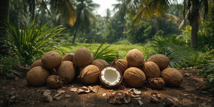 Fresh coconuts and coconut halves on an organic farm, dried in the sun for copra production, highlighting natural harvesting methods