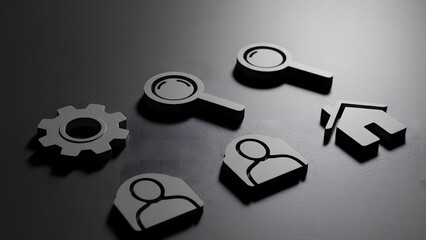 A diverse collection of digital icons representing search, settings, user profiles, and home, set against a dark, textured background