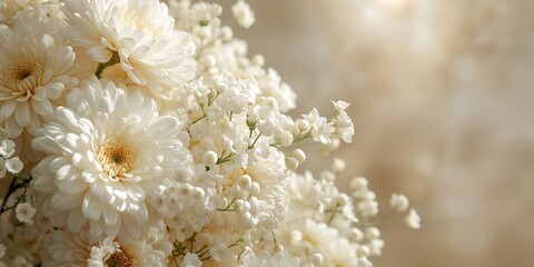 Fototapeta premium White flowers in detailed focus on a plain background used for layout or UI backdrop, highlighting delicate petal textures