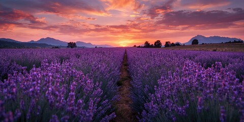 Naklejka premium Sunset-lit lavender blooms creating vibrant background for design, seasonal floral landscapes, Earth Day