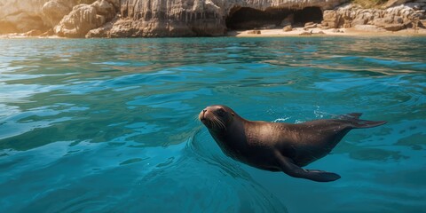 Obraz premium California sea lion resting on rocks, natural wildlife habitat, Earth Day