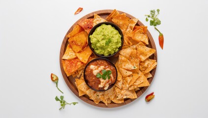Mexican nachos chips with guacamole salsa and cheese dip on wooden plate, serving as a party appetizer, World Food Day