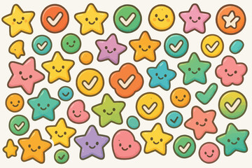 Obraz premium Colorful cartoon stars hearts and smiley faces with check marks and crosses