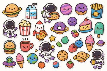 Cute cartoon stickers of space explorers, planets, and food characters