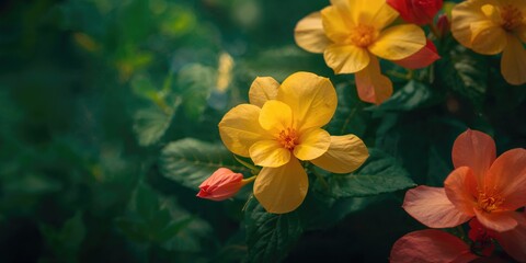 Vivid yellow and orange begonias in bloom, serving as a colorful floral backdrop for design projects