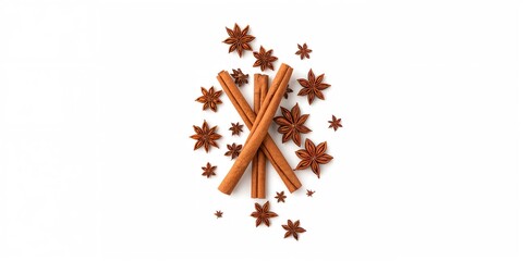 Cinnamon sticks and anise stars arranged on a white background, suitable for culinary layout or ingredient display