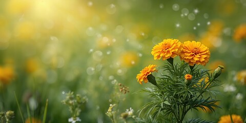 Obraz premium Marigolds in full bloom, used as floral decoration for seasonal festivals, vibrant color and pest-repellent properties