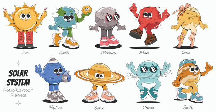 Retro cartoon planets of the solar system. Cute groovy characters for kids' education. Isolated vector illustrations.
