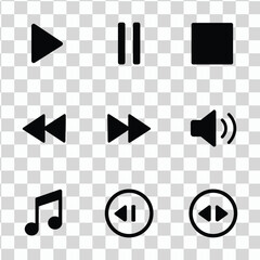 Black media player icons on transparent background