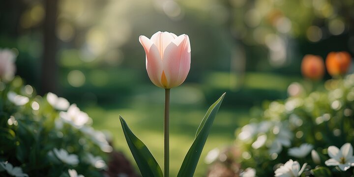 Pink tulip with vibrant green foliage, ideal as a natural decorative backdrop, Earth Day