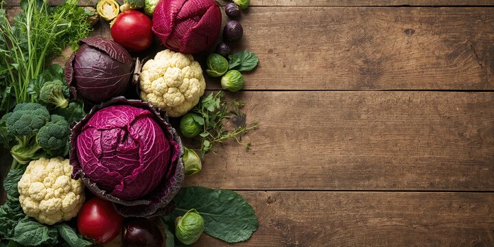 Varieties of cabbage arranged on a wooden surface for fresh vegetable display, organic produce - Powered by Adobe