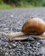 Snail slowly crosses a gravel path surrounded by greenery in a tranquil outdoor setting