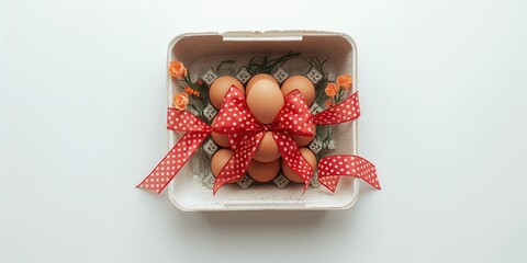 Egg carton containing brown eggs decorated with a red polka dot ribbon for festive or gift wrapping purposes