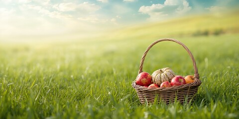 Field grass with a basket of apples and pumpkins used as a seasonal harvest display, autumn awareness day