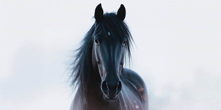 Detailed image of a black horses head with a long mane, ideal for wildlife or animal care backgrounds