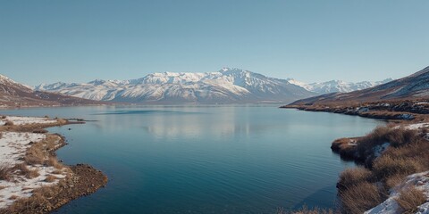 Winter landscape showing a peaceful waterbody adjacent to snowy mountain peaks, highlighting seasonal serenity