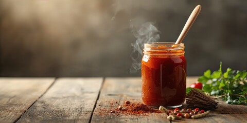 Barbeque sauce stored in a jar with a basting brush, emphasizing culinary application