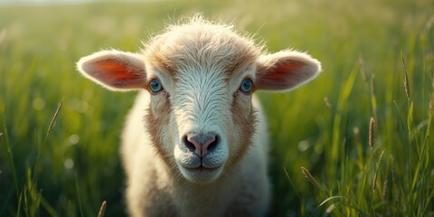 Fototapeta premium Detailed view of a sheep's face highlighting its vivid blue eye, illustrating livestock care, World Animal Day