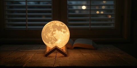 Obraz premium Moon lamp on desktop at night with warm glow, creating a calming workspace environment