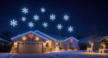 Suburban Christmas home with bright roofline lights, snow, and illuminated deer decorations at night