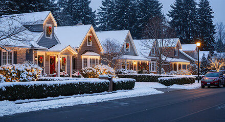 Snowy suburban street lined with festive Christmas lights and decorated homes at dusk