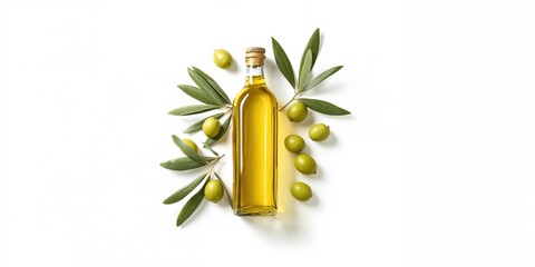 Glass bottle of olive oil with green olives and leaves, suitable as a food background for layout or text design