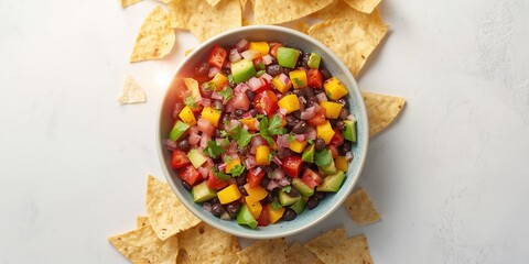 Avocado and mango salad with black beans, tomato, red onion, and tortilla chips, as a nutritious snack option