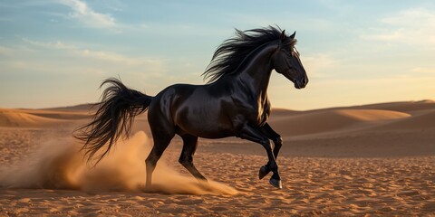 Black Frisian horse portrait in a desert dust landscape natural erosion risk, Earth Day